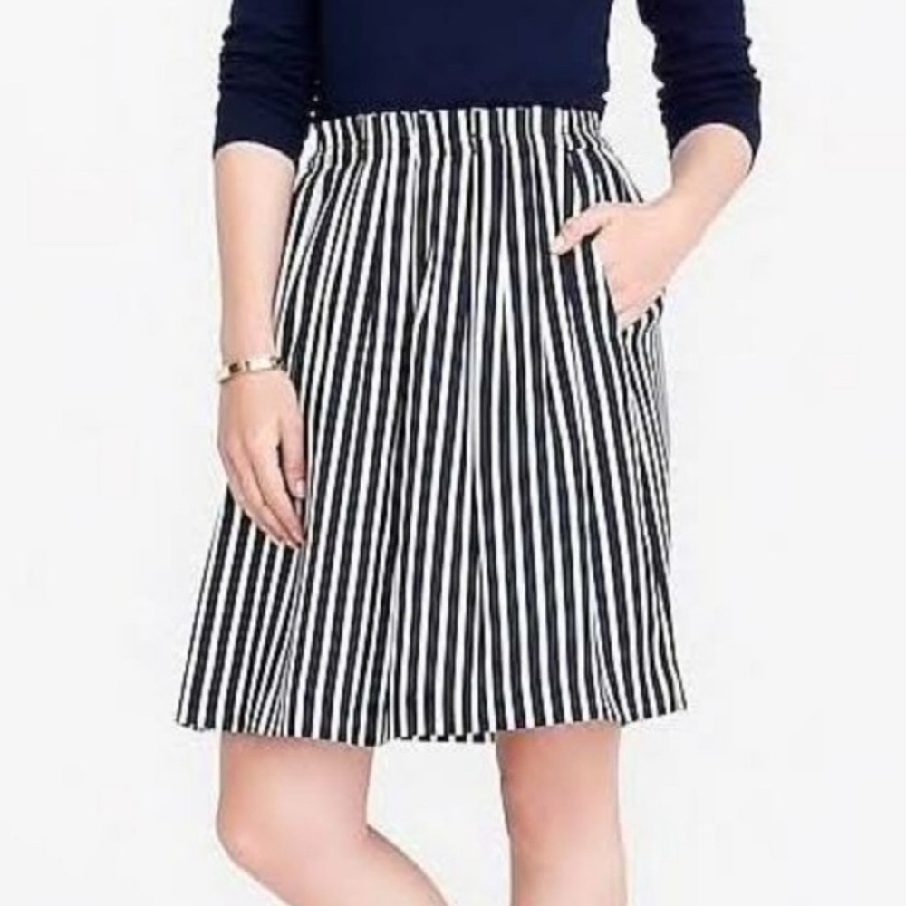 J. Crew Black and White Striped Mercantile Pleated Midi Skirt